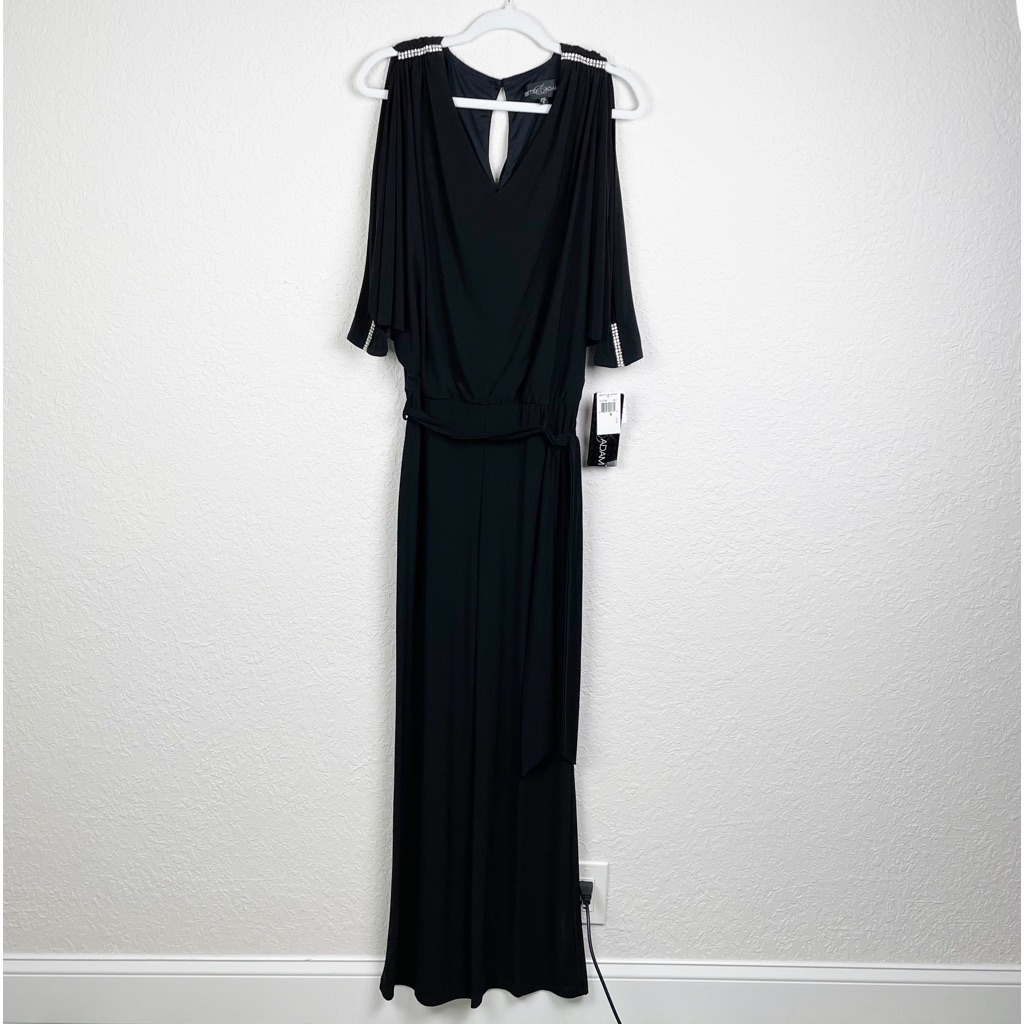Betsy & Adam Nwt Black Rhinestones V Neck Belted Wide Leg Jumpsuit Womens Size 6